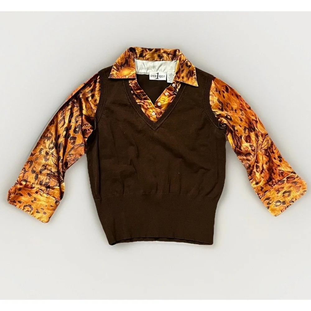 Vintage 90s Layered‎ Sweater Vest Blouse, Brown/Leopard, Women's Size Large